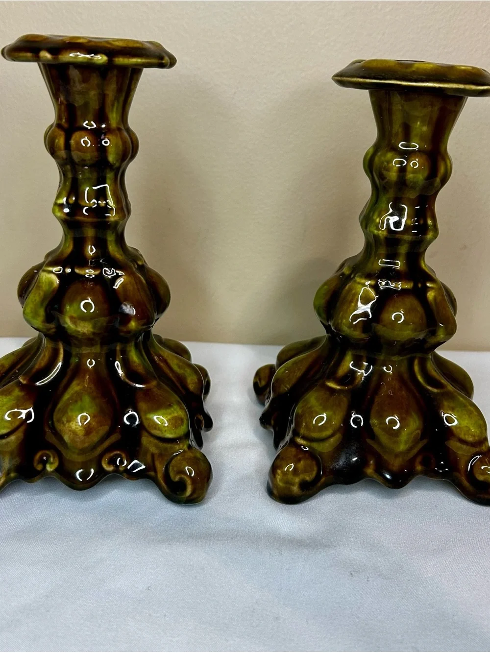 Green & Brown Glazed Decorative Ceramic Candlestick Pair. Handcrafted.